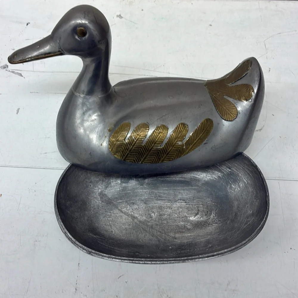 MCM Duck Decoy Keepsake Box  Chinese  pewter & brass duck trinket box lidded